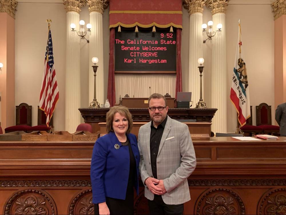 California State Senate chamber display welcoming CityServe and Karl Hargestam